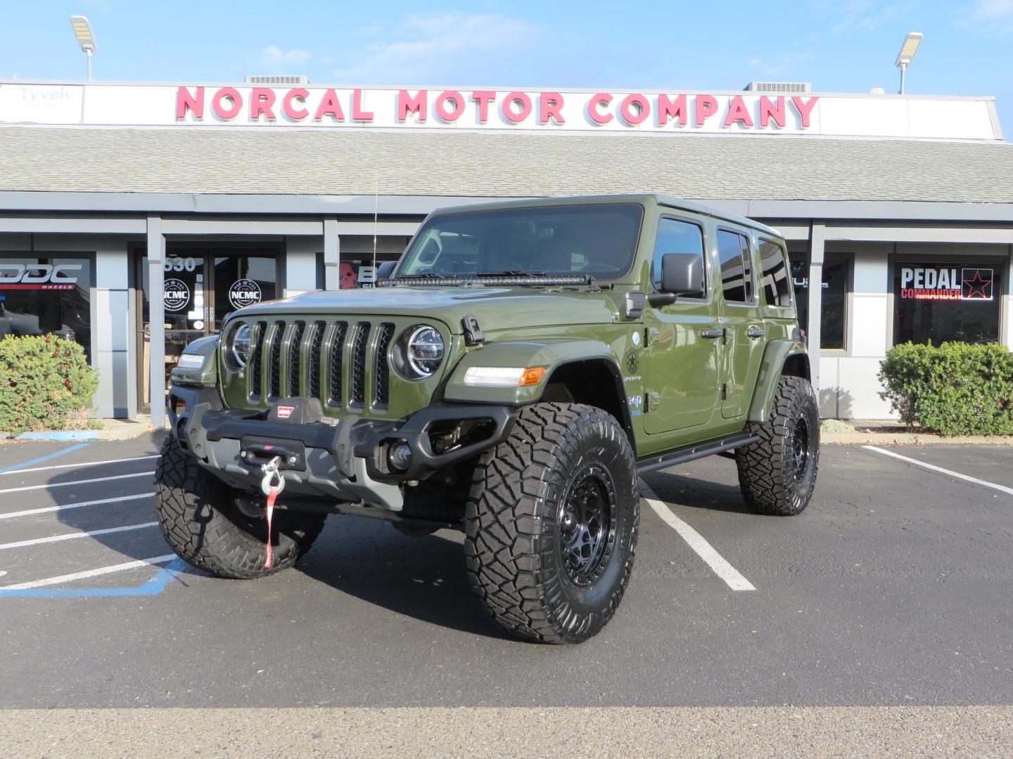 2021 Sarge Green /BLACK Jeep Wrangler Unlimited Sahara 4XE 4d SUV 4wd (1C4JJXP6XMW) with an 2.0L I4 DOHC DI Turbo PHEV engine, 8-speed Automatic transmission, located at 2630 Grass Valley Highway, Auburn, CA, 95603, (530) 508-5100, 38.937893, -121.095482 - 4XE Sahara with a Teraflex suspension system, Falcon shocks, 17" Fuel Offroad wheels, and 37" Nitto Ridge Grappler tires. - Photo#0